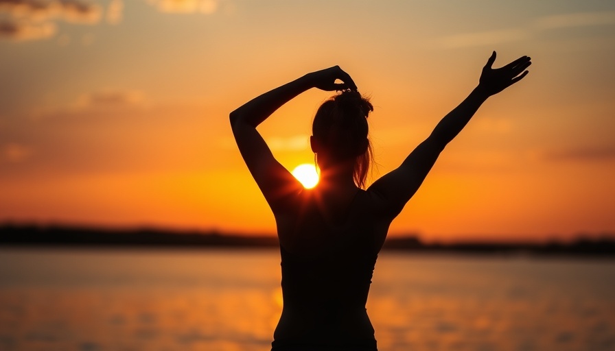 Silhouette of woman at sunrise overlooking a calm lake.