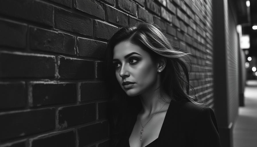 Contemplative woman leaning on brick wall, black and white.