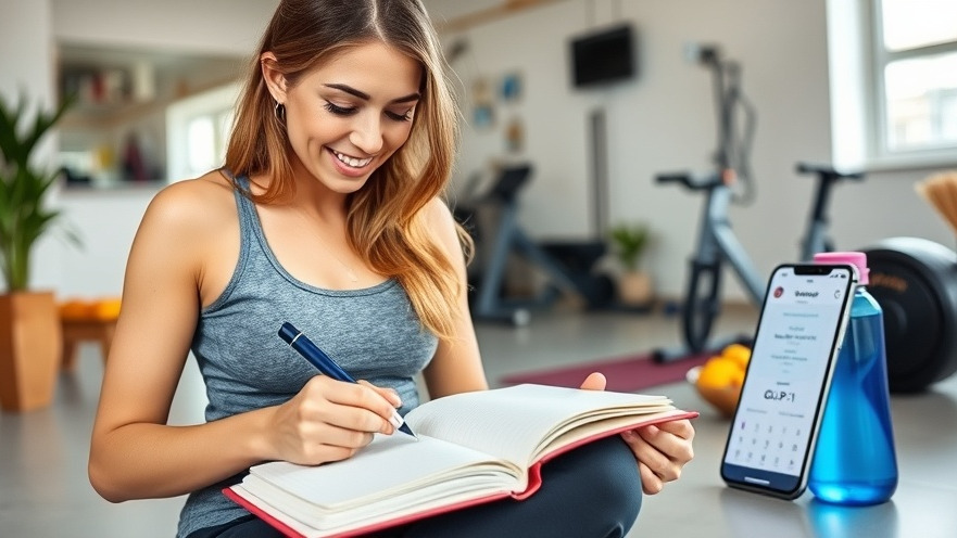 Motivated woman tracking her weight loss with GLP-1 medications in a bright home gym.