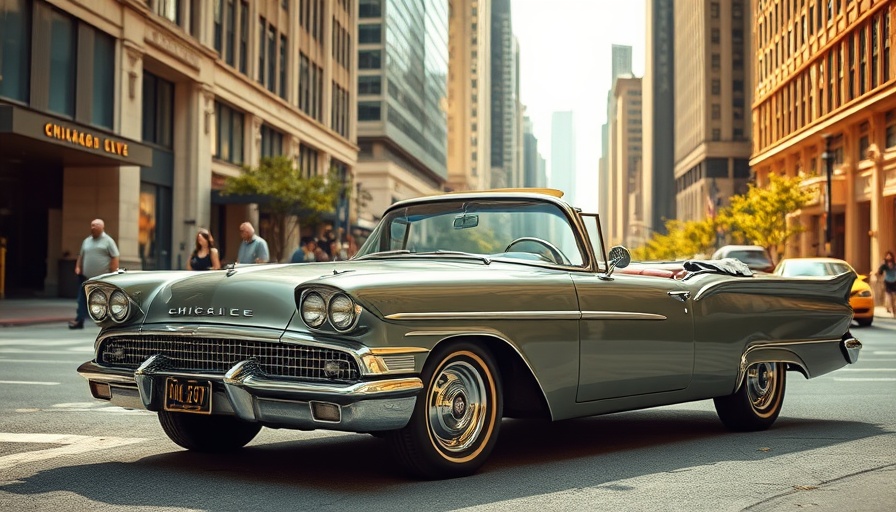 Classic convertible in bustling Chicago street, family adventure vibe.