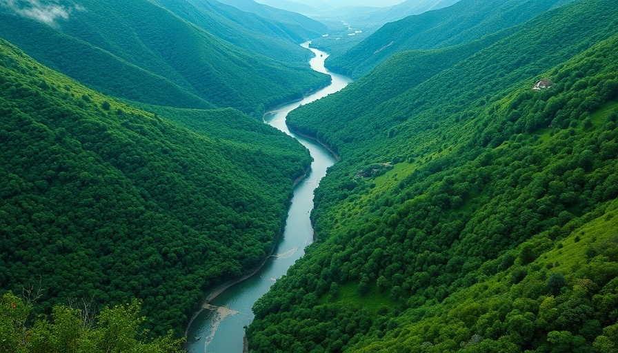 Scenic view of a serene green valley and winding river, perfect for family cycling adventures.