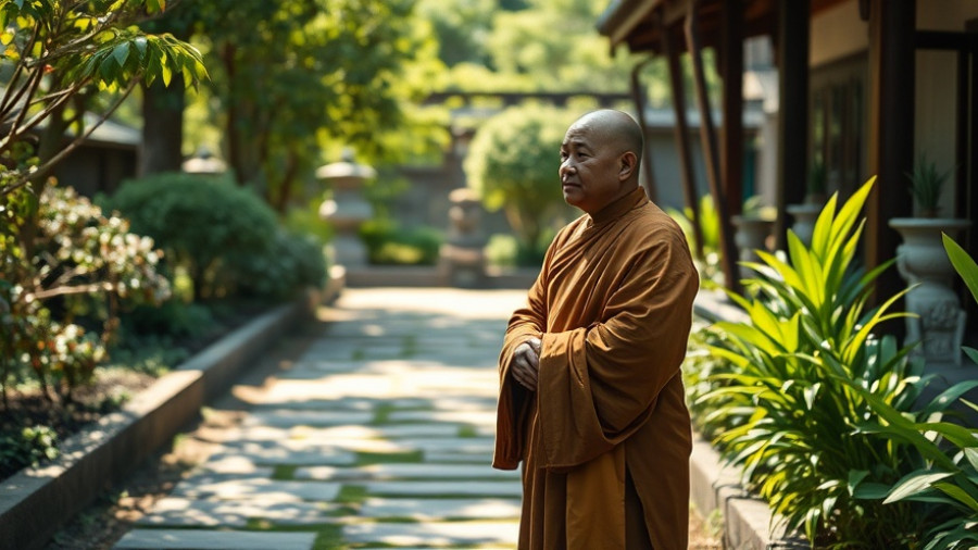 Monk in traditional attire enjoying Tokyo's gardens for families.