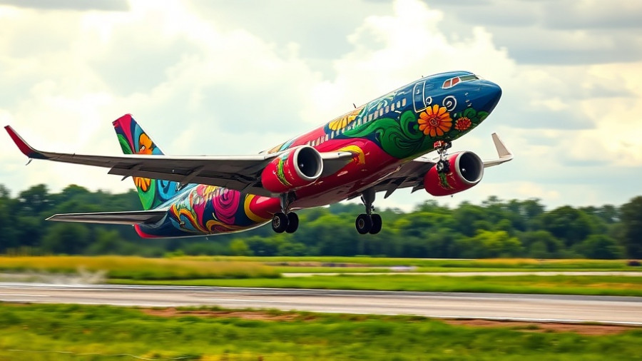 Colorful airplane taking off, illustrating travelling cheaply to Brazil from Canada.