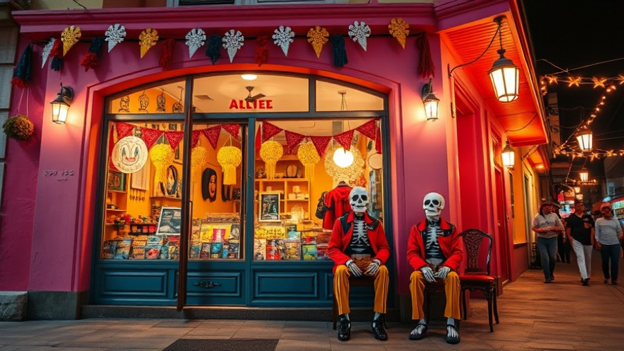Colorful Merida shopfront with skeleton statue on 47th street for family travel.