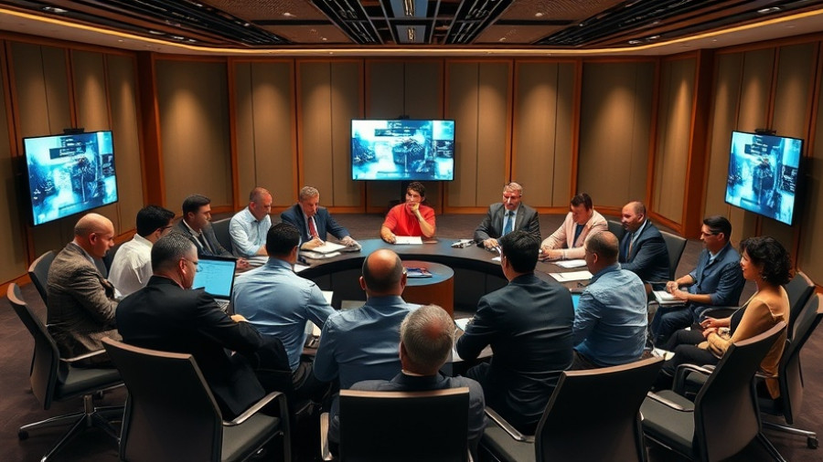 Business leaders discussing at global tourism summit with vibrant screens.