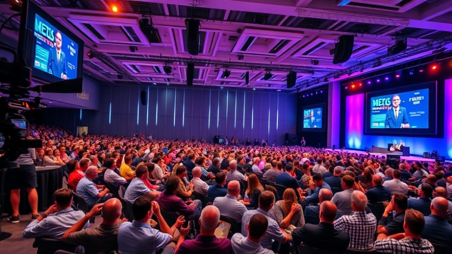 Conference on travel news this week featuring large audience and screens