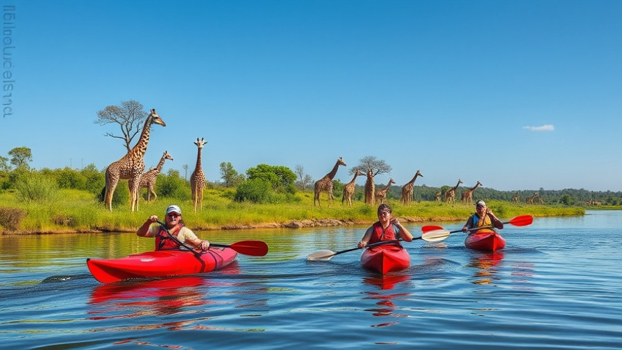 Florida Space Coast travel with kayakers near giraffes on a river.