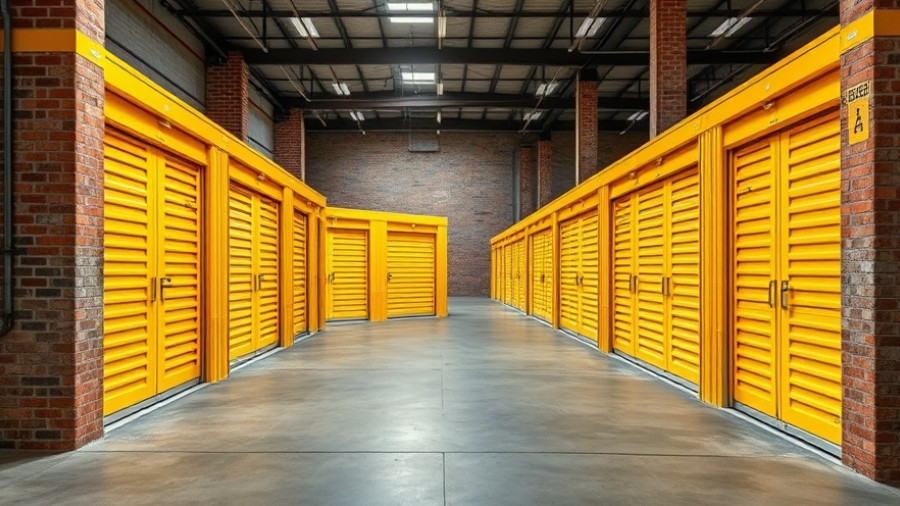Row of yellow storage unit doors in an industrial warehouse.