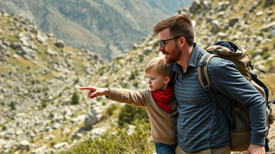 Father and child on backpacking trip explore rocky landscape.