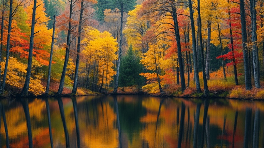 Serene autumn forest by a river, vibrant colors - choosing travel destinations.