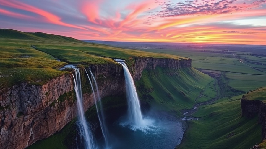 Majestic waterfall in lush Icelandic landscape with vibrant sunset sky.