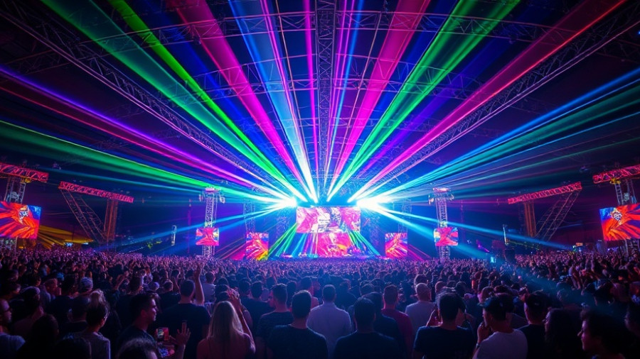 Cultural events today with vibrant music festival and colorful lasers.