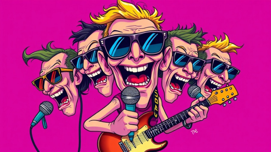 Vivid cartoon artwork of a multi-headed character at a cultural event with music.