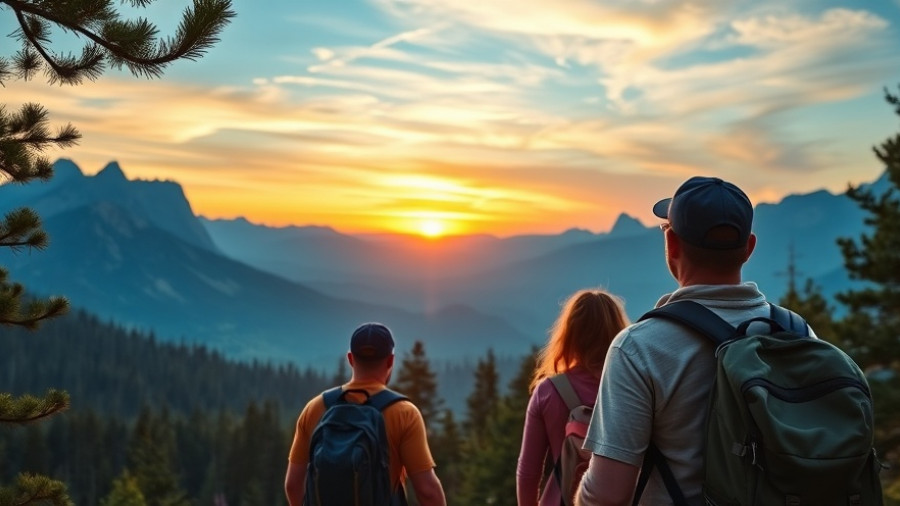 Travel news US: Hikers on mountain cliff at sunset.