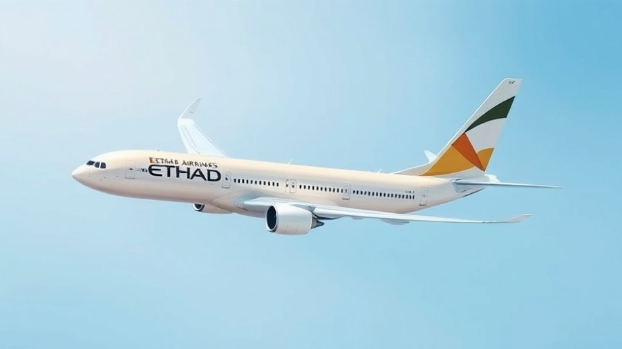 Etihad Airways airplane flying in clear sky, daily 300 passenger flights.