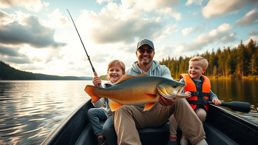 Happy family fishing trip on a lake with children in boat.