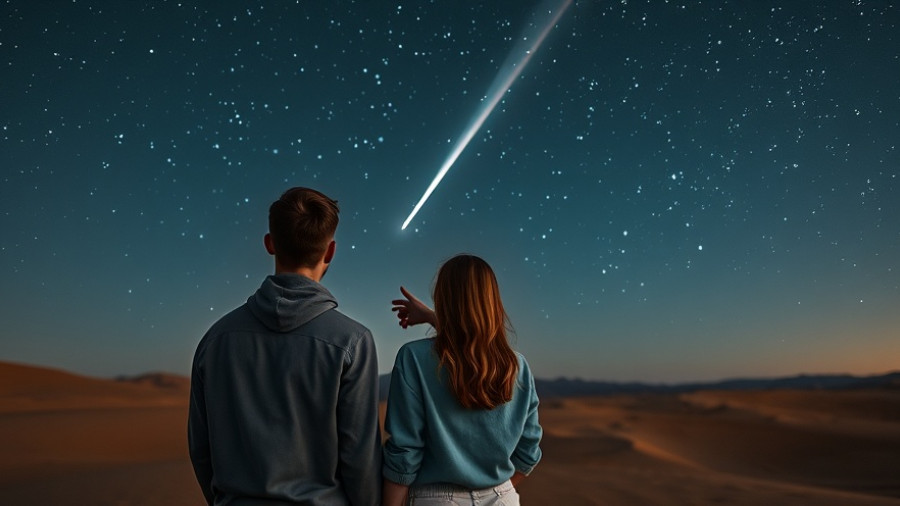 Young couple stargazing in desert, choosing a travel destination.