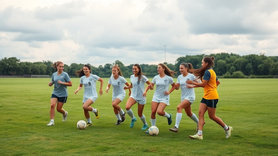 Enthusiastic female soccer players practicing on a field.