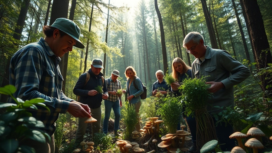 Luxury travelers foraging in a sunlit forest, working for their dinner.