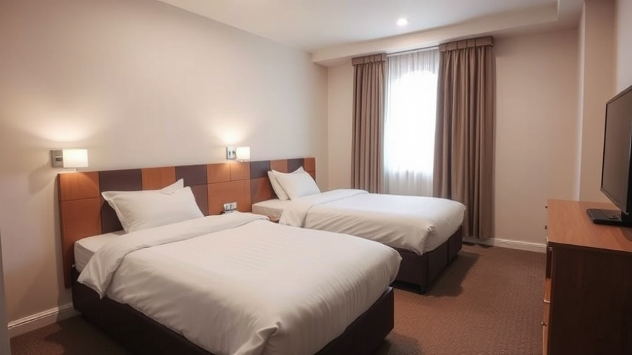 Simple hotel room with twin beds for traveling on a budget.