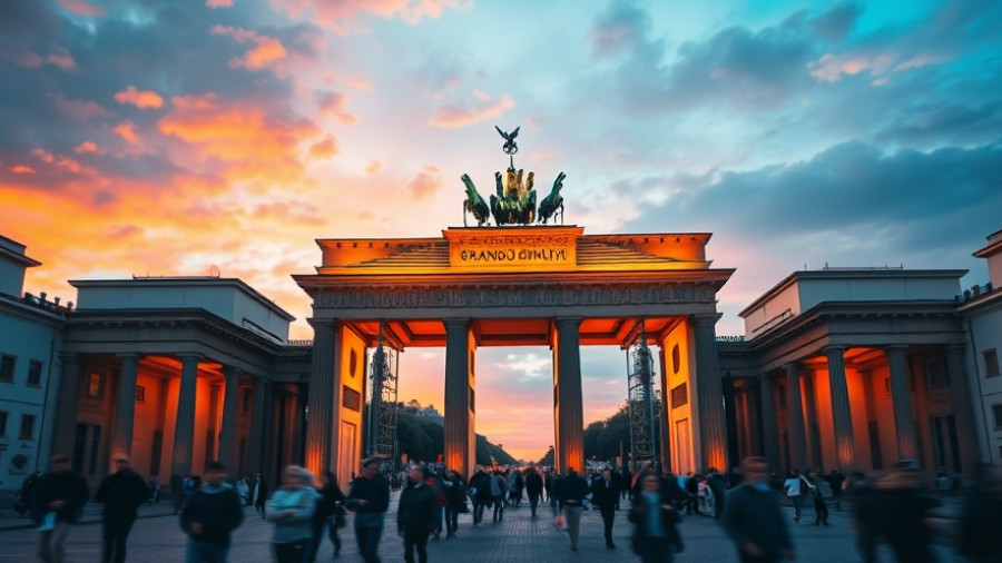 Family travelling view of Brandenburg Gate at dusk.