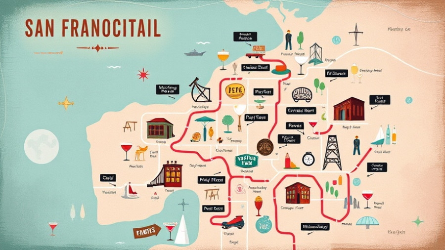 Illustrated San Francisco Martini Trail map featuring bar locations.