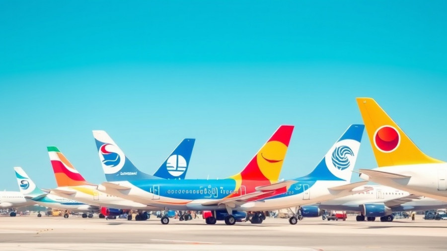 Airplane tails showcasing various airline logos, clear blue sky at airport.