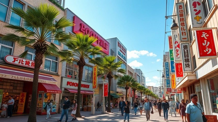 Bustling Japanese street with palm trees and colorful shops. Travel tips in Japan.