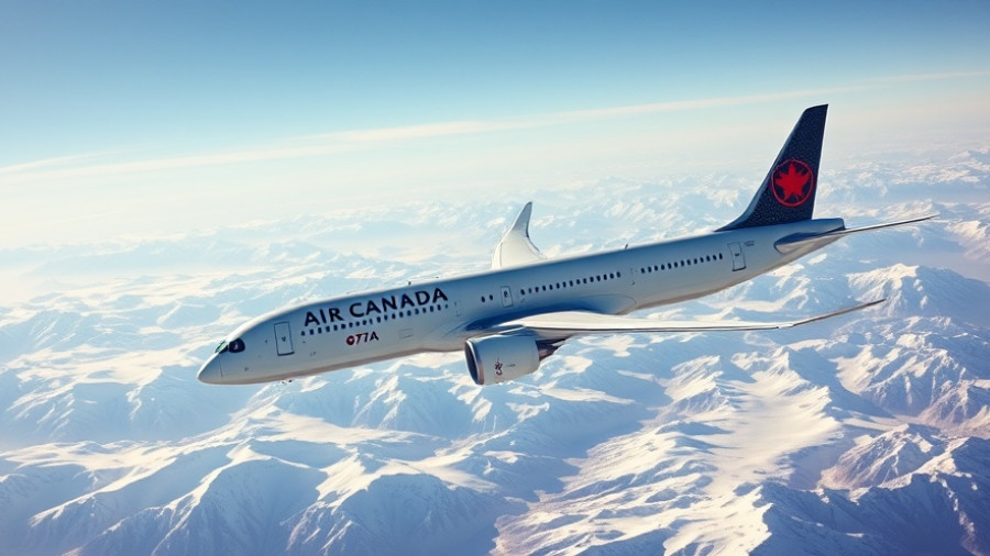 Air Canada Aeroplan points promotion: Boeing 787 Dreamliner flying over snow-capped mountains.
