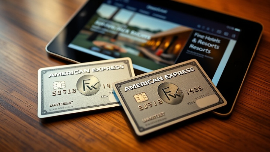 Amex cards by tablet showing hotel booking site.