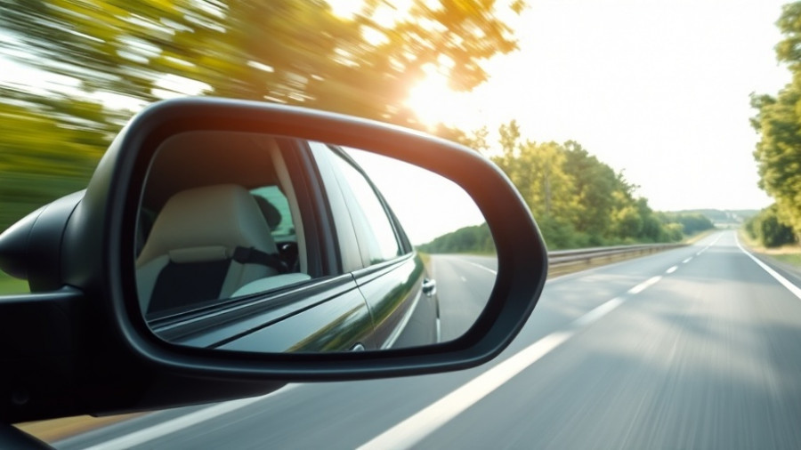 Budget car travel scene with road and mirror reflection.