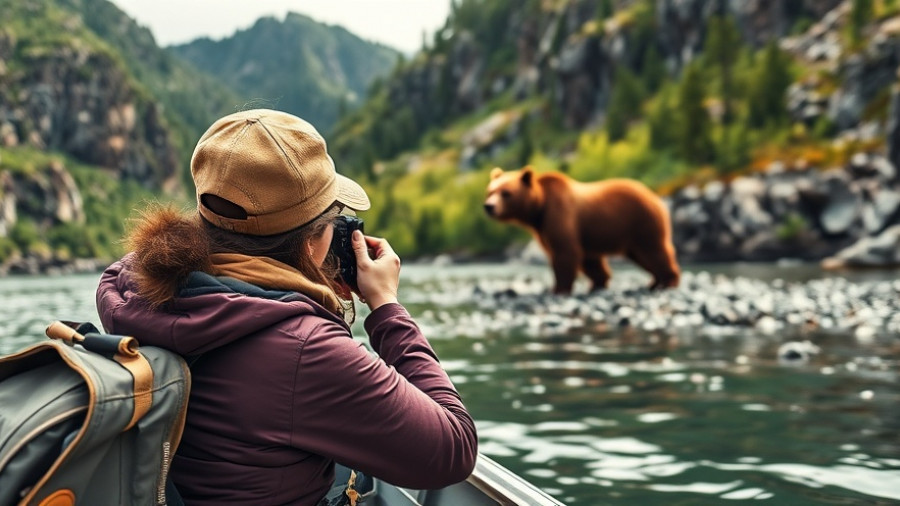 Alaskan guided bear viewing tours, woman photographing bear from boat.