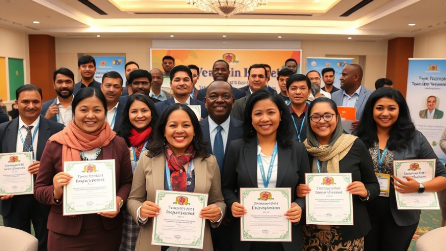 Women in tourism conference group photo with certificates, Almaty.