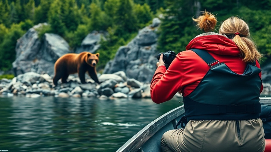 Bear viewing tours Alaska: woman photographing bear from boat.