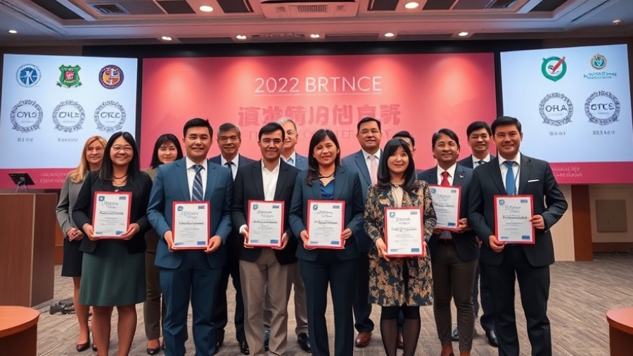 Women in tourism conference with award recipients and banner.