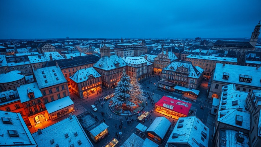 Aerial view of snowy city square during winter holiday travel.
