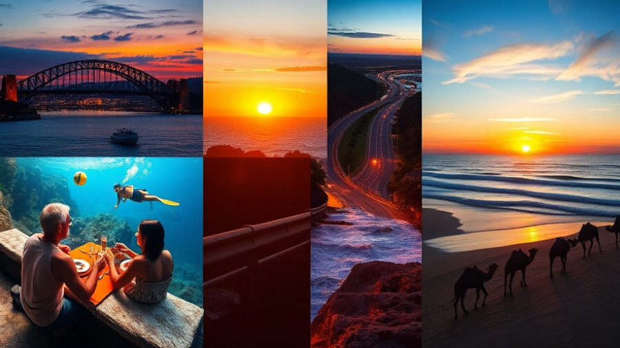 Collage of must-do family activities in Australia, including dining, diving, road trips, and camel rides.