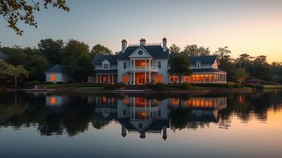 Charming lakeside manor reflecting at sunset, choosing travel destination