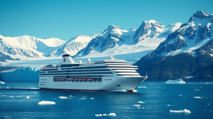 Royal Caribbean cruise in Alaskan waters with glacier and mountains.