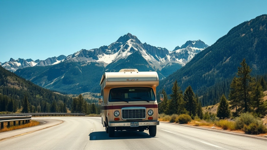 Classic motorhome traveling in Canada's national parks by motorhome against mountainous backdrop.