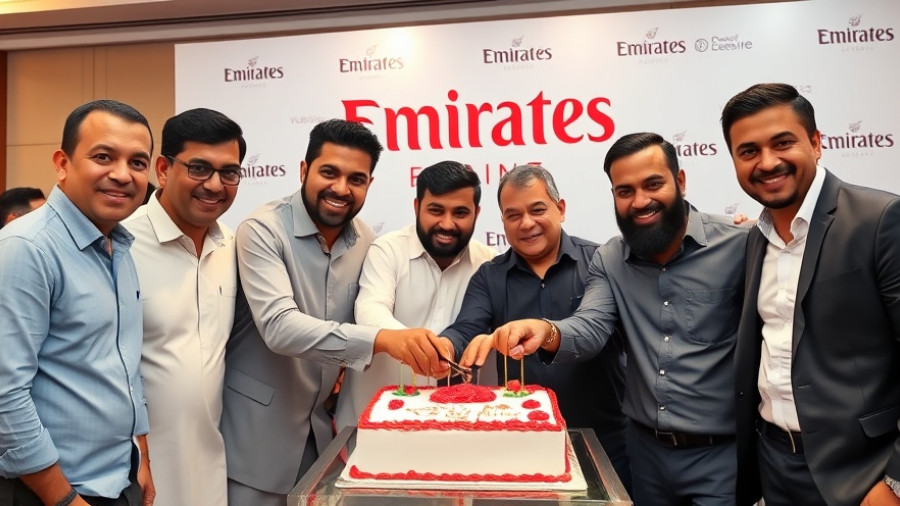 Emirates event in Karachi with group cutting cake, celebrating milestone.