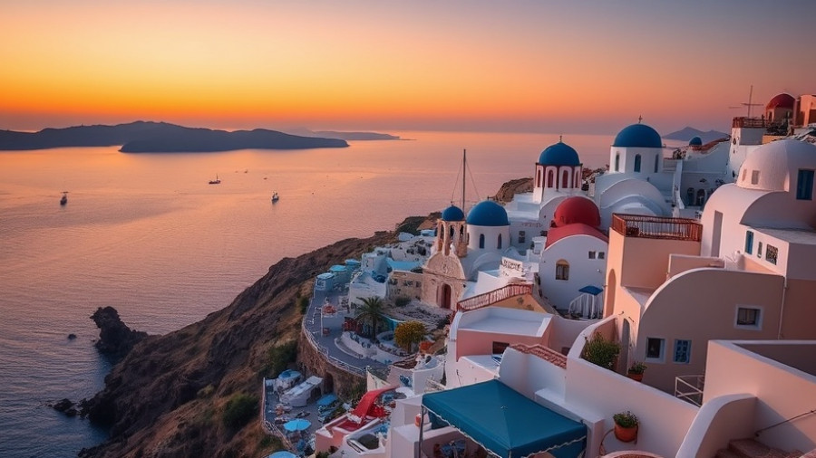 White and blue coastal village overlooking sea at sunset, travel destination.