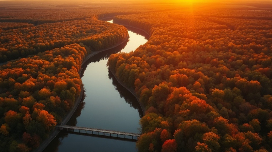 Aerial view of Erie Canal adventure at sunset with autumn trees.