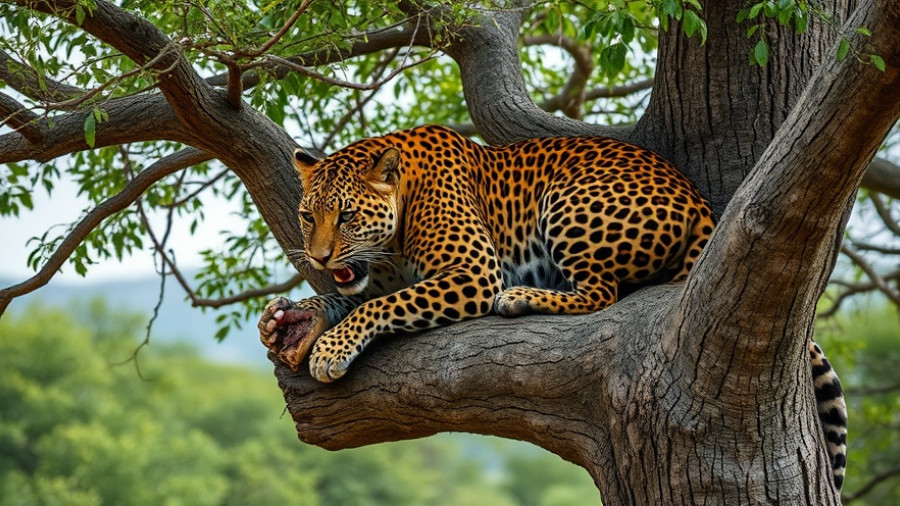 Leopard with prey in tree in Tanzania's carnivores habitat.