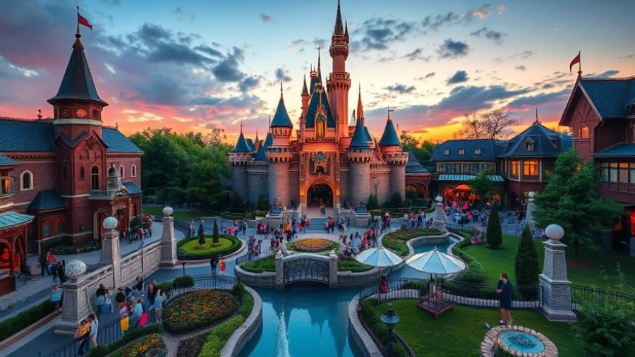 Enchanting theme park scene at sunset with castle and crowd.