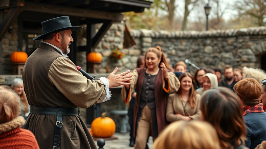 Festive Halloween scene in Sleepy Hollow with performer and pumpkins.