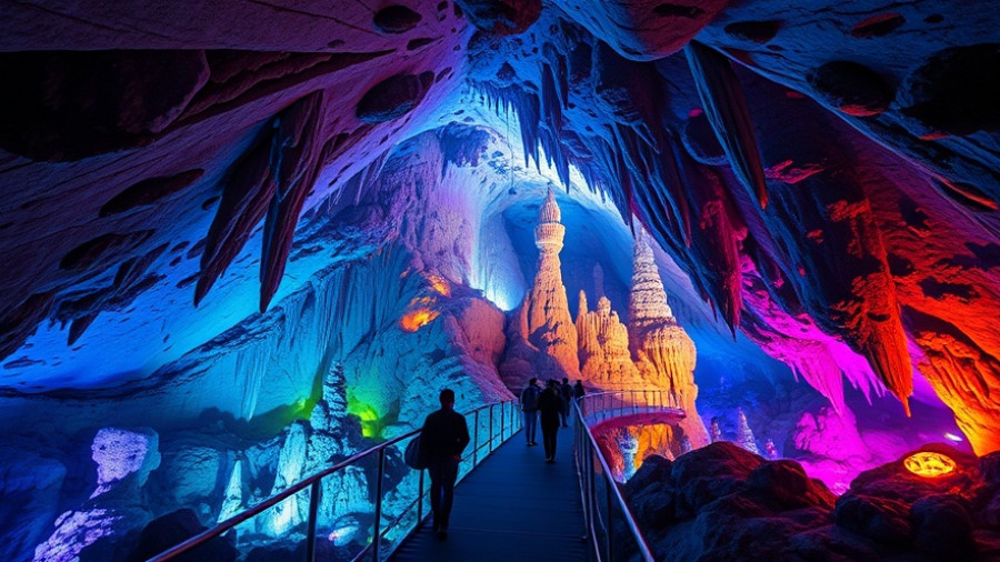 Traveling Tips: Exploring colorful illuminated cave with stalactites.