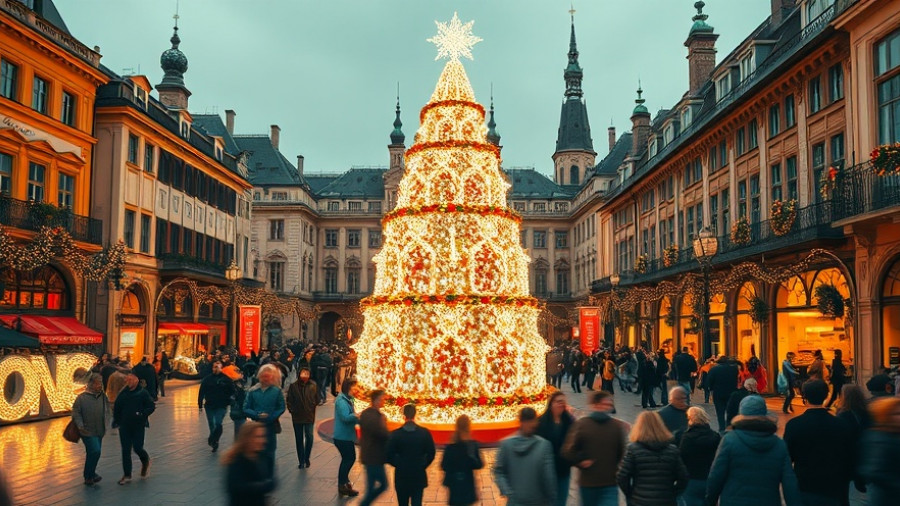 Lisbon square with giant lit ornament, people enjoying Christmas activities.