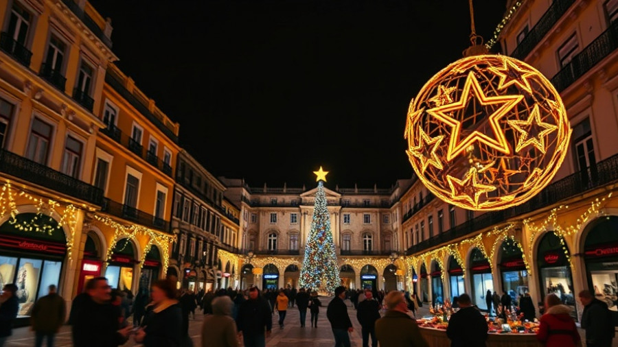 Lisbon festive season in city square with illuminated ornament.