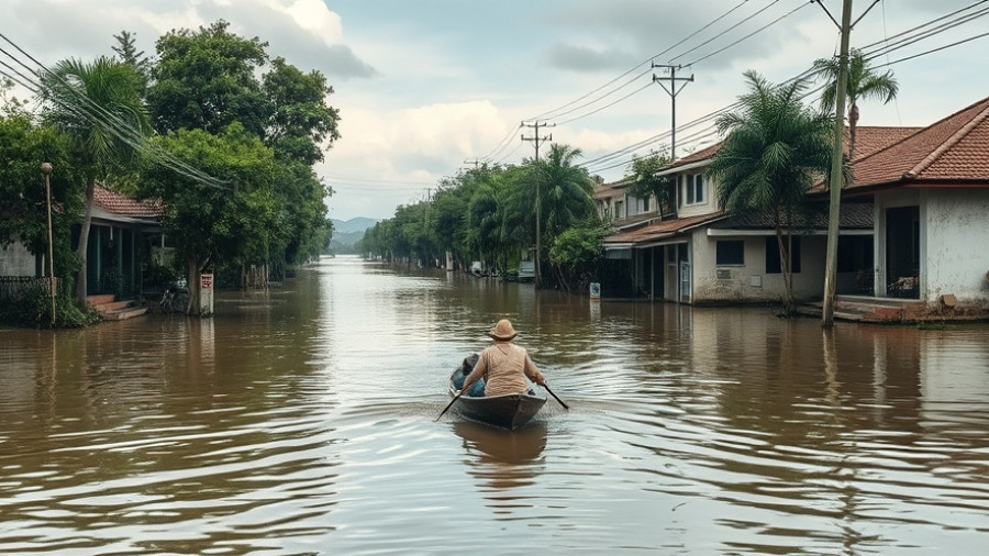Flooded Vietnam street with boat, highlighting travel safety concerns.